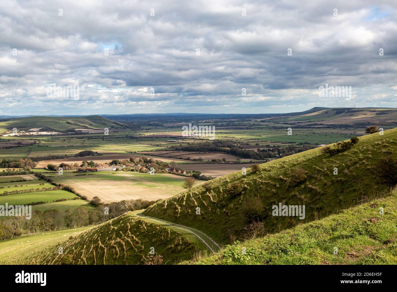 Looking across the Sussex countryside towards Firle Beacon, from Kingston Ridge along the South Downs Way Stock Photo