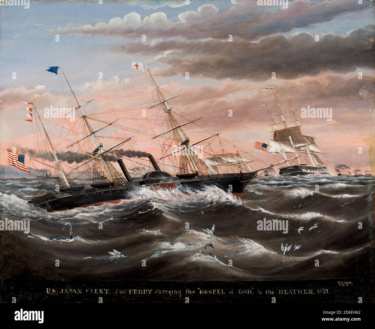 Painting titled U.S. Japan Fleet, Como. Perry carrying the Gospel of God to the Heathen, by James G. Evans, circa 1853. Oil on canvas. Stock Photo