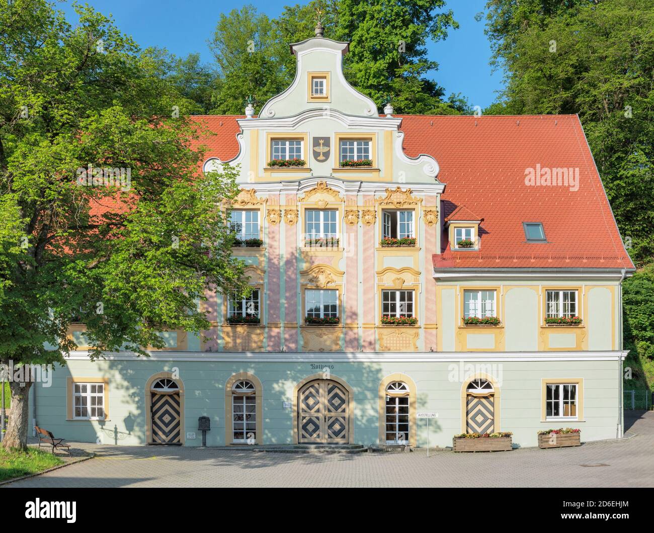 Town hall with rococo facade, Koenigsbronn, Swabian Alb, Baden-Württemberg, Germany Stock Photo