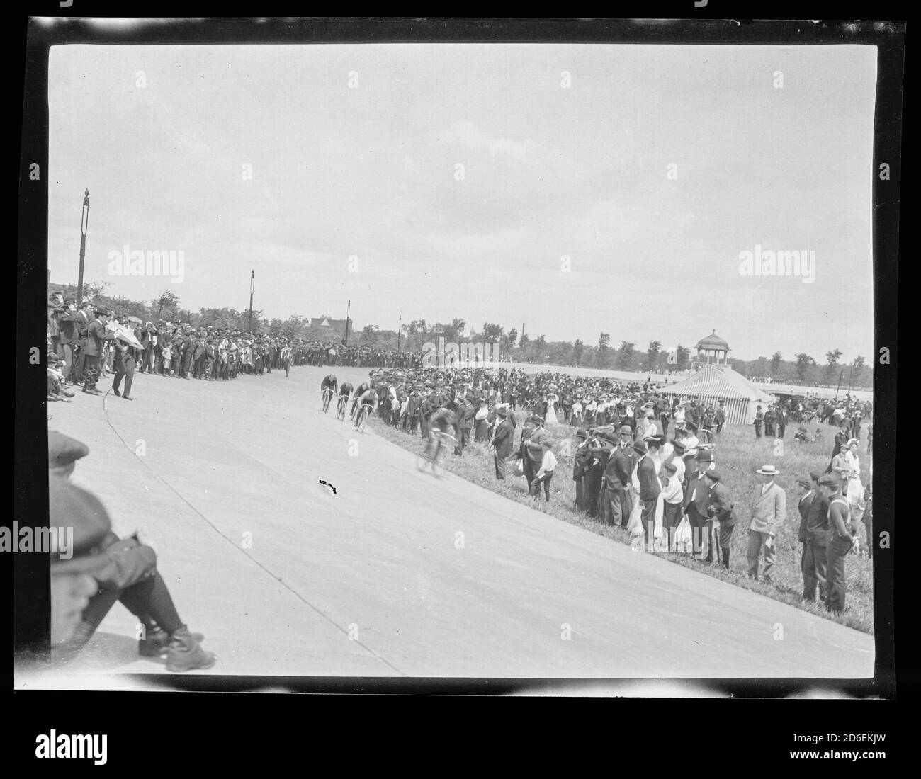 View of spectators at the bicycle track in Garfield Park, Chicago, Illinois, circa 1905. Stock Photo