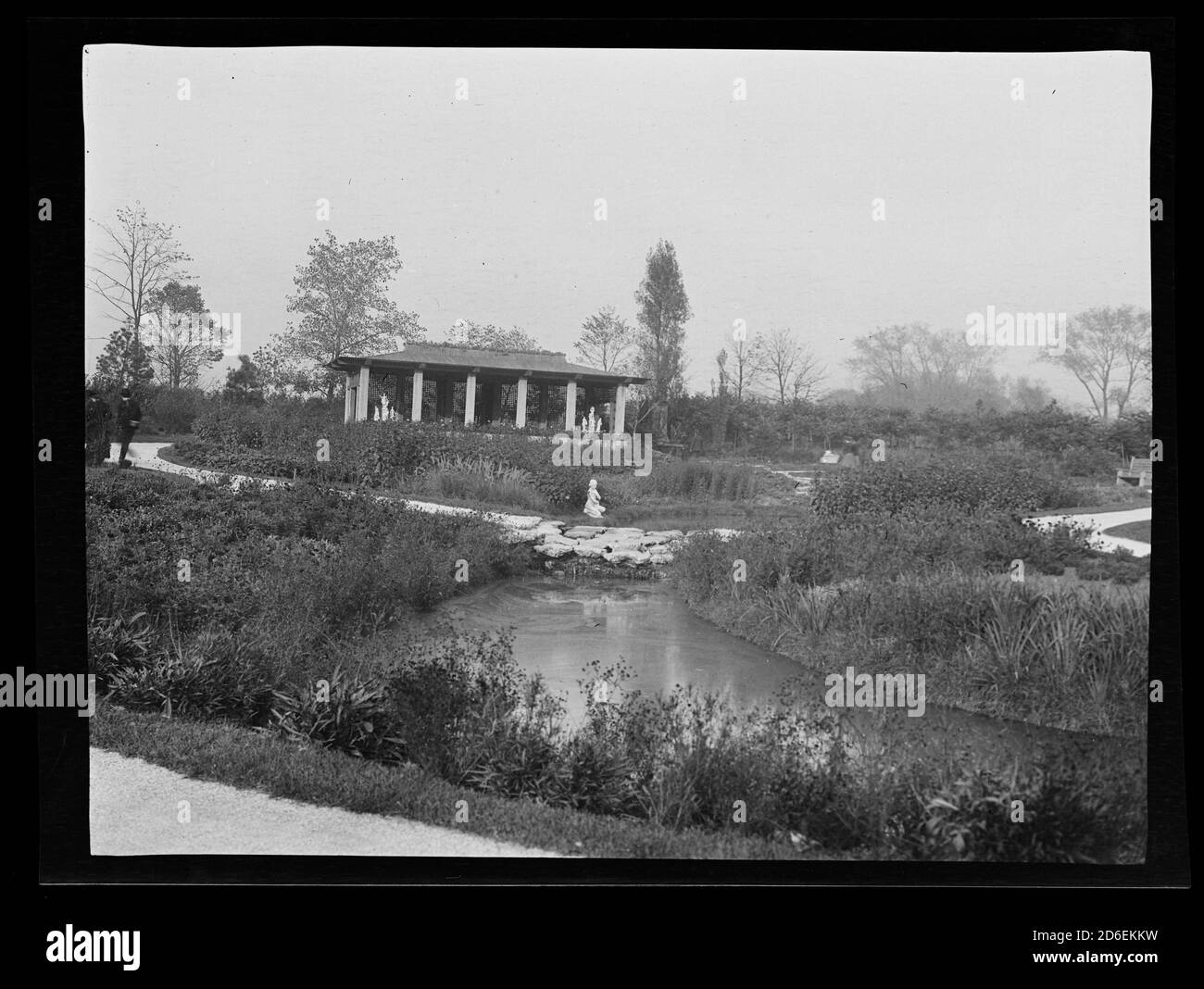 Sculpture pavilion and pond in Humbold Park, Chicago, Illinois. Stock Photo