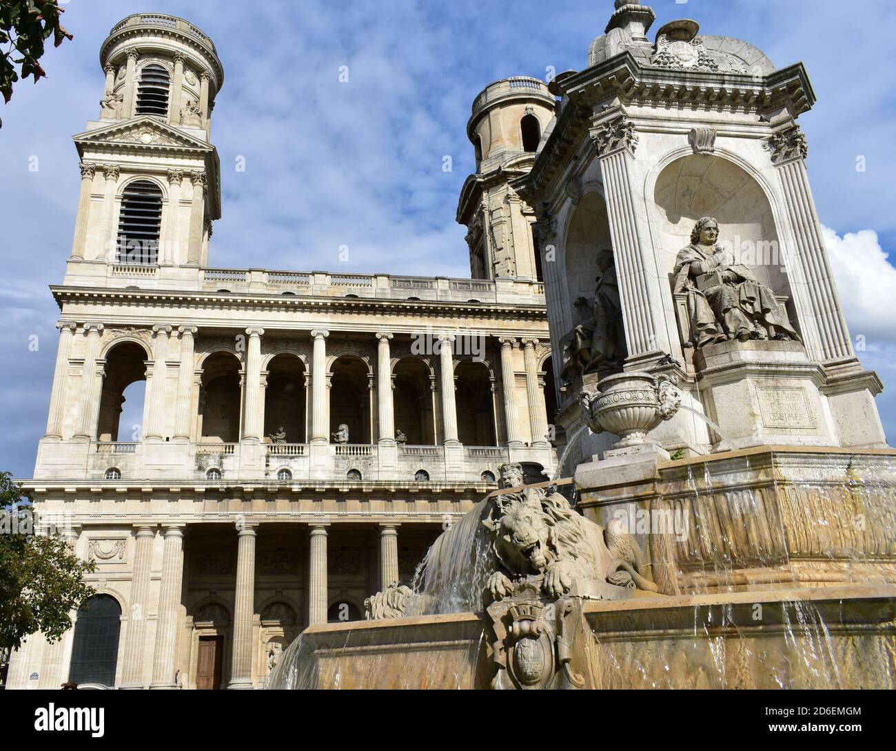 Eglise SaintSulpice de Paris neoclassical facade and towers with Fontaine SaintSulpice. Paris