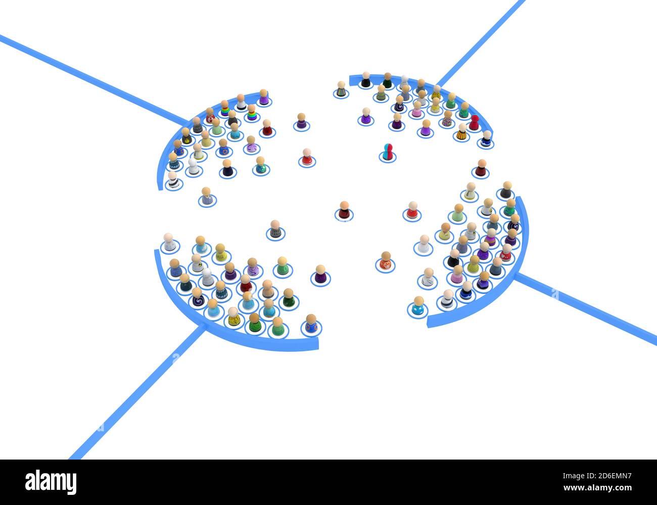 Crowd of small symbolic 3d figures linked, complex layered system, circle forming, over white, horizontal, isolated Stock Photo