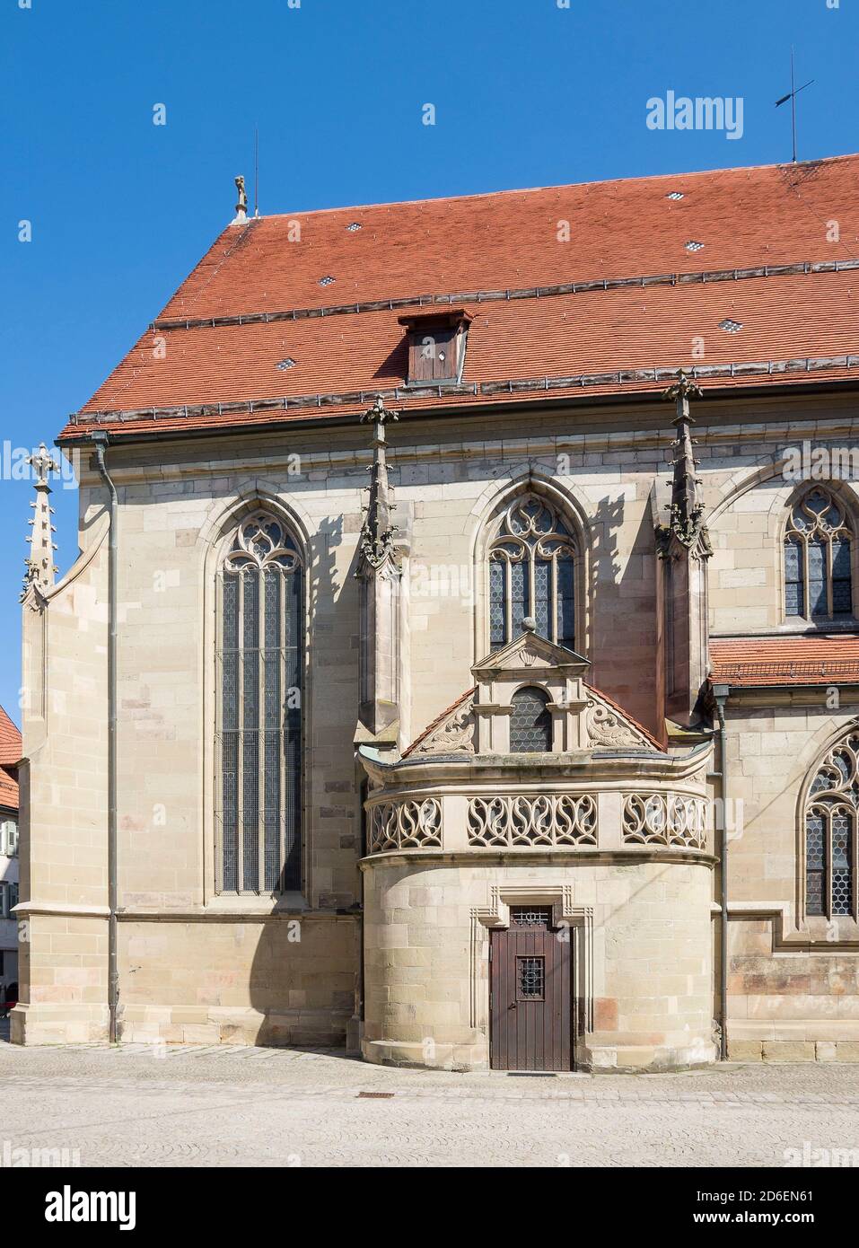 Germany, Baden-Württemberg, Schorndorf, Ev. City church, nave south side, porch for stairs, Renaissance gable with 2 dolphins, staircase for twin spiral staircase from 1579. The historic old town of Schorndorf is a listed building as a whole. Stock Photo