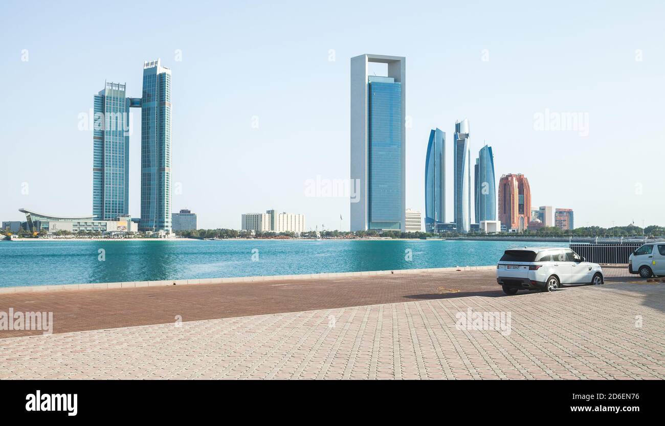 Abu Dhabi, United Arab Emirates - April 9, 2019: Abu Dhabi downtown view with skyscrapers on the sea coast Stock Photo