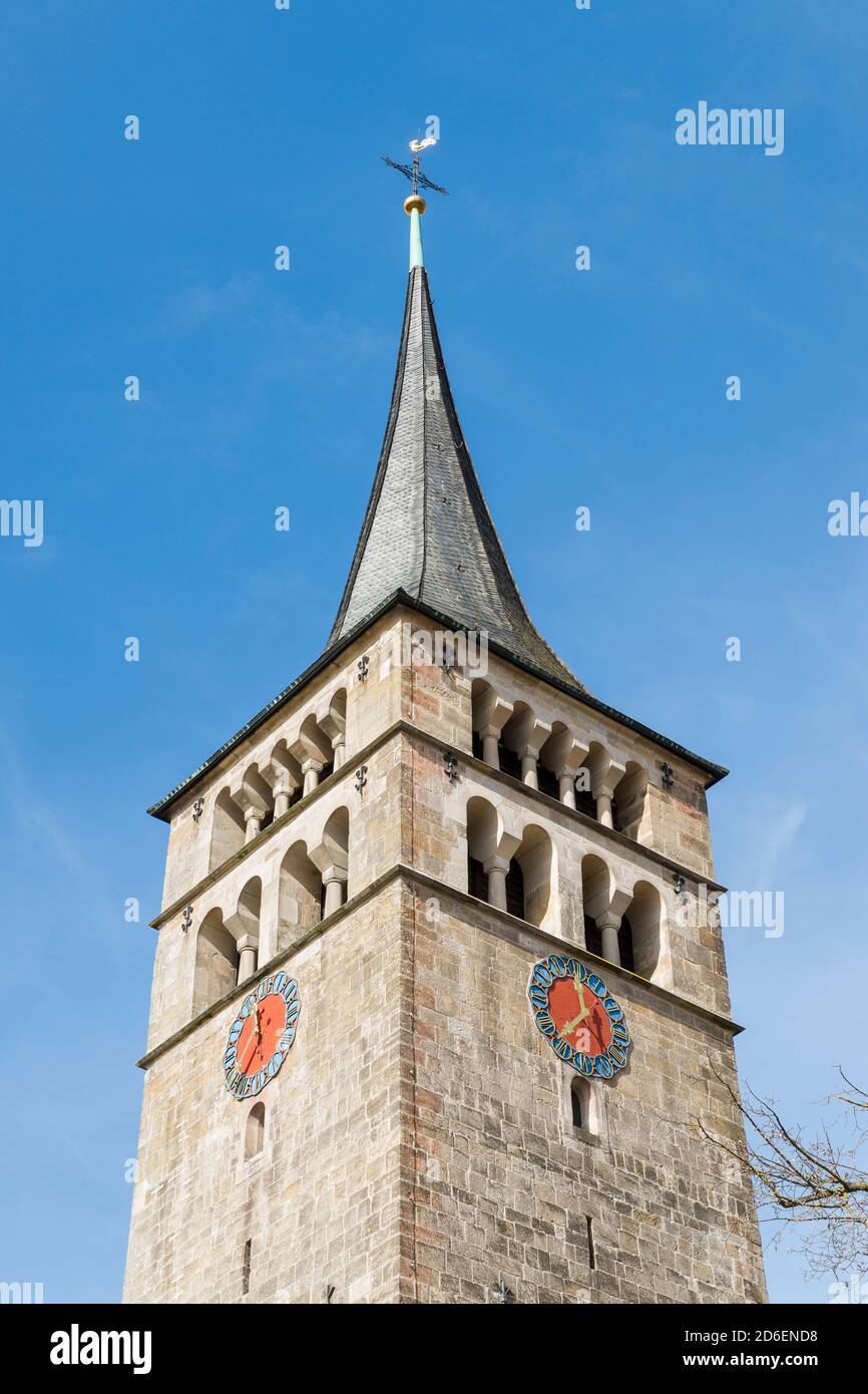 Germany, Baden-Württemberg, Sindelfingen, Ev. Martinskirche. The church tower was formerly a free-standing Romanesque tower, called a campanile, it is 42 m high. The roof is in the Gothic style, the consecration date 1083 at the tower entrance. The Romanesque Martins Church is one of the oldest churches in Baden-Württemberg. Stock Photo