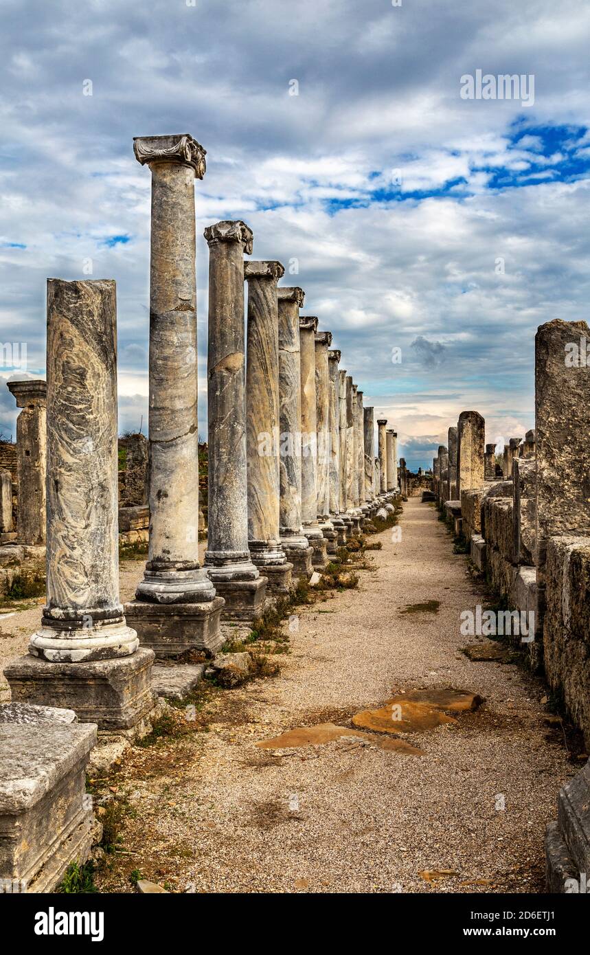 Perge is an ancient city located 18 km east of Antalya, within the borders of Aksu district, once the capital of the Pamphylia Region. Stock Photo