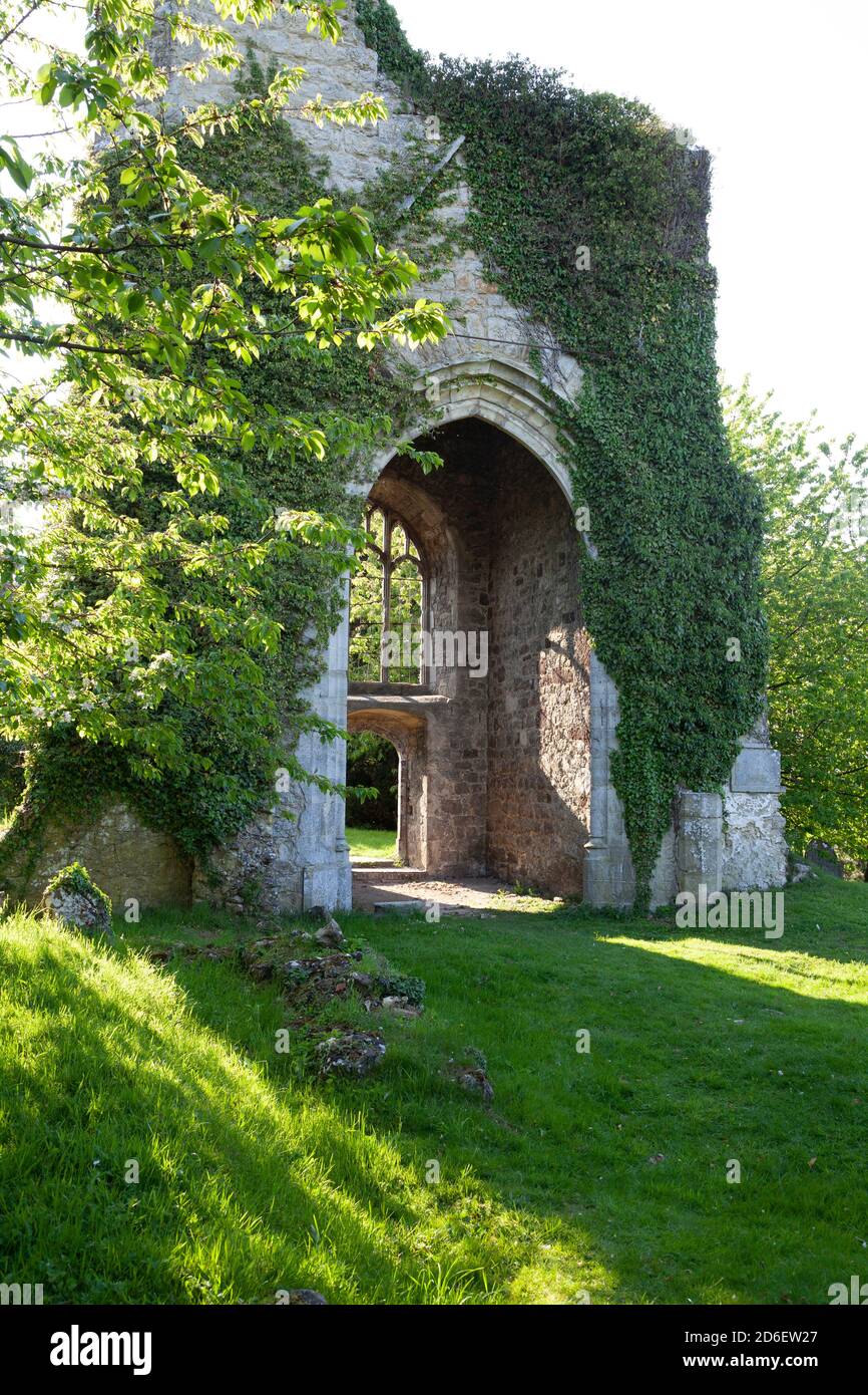 The picturesque, haunted ruins of St Mary's Church, destroyed by a flying bomb in 1944, Little Chart, Kent, UK Stock Photo