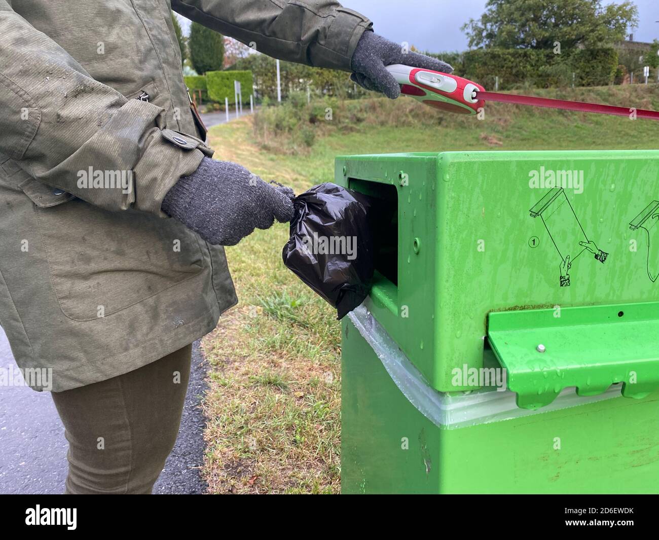 Disposal of dog poop bags into a green bin. Dispenser of dog feces bags