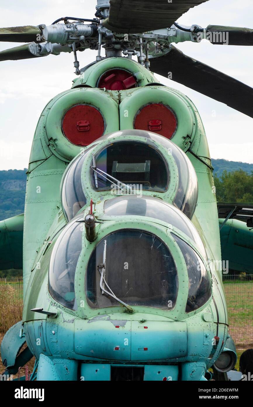 Front view of a russian combat helicopter Mi24 from 1972 Stock Photo