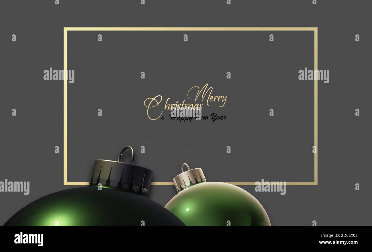 Christmas banner. Close up realistic Xmas balls baubles on dark grey background with magic glow. Gold text Merry Christmas Happy New Year in gold frame. Poster, card. Mock, copy space. 3D illustration Stock Photo