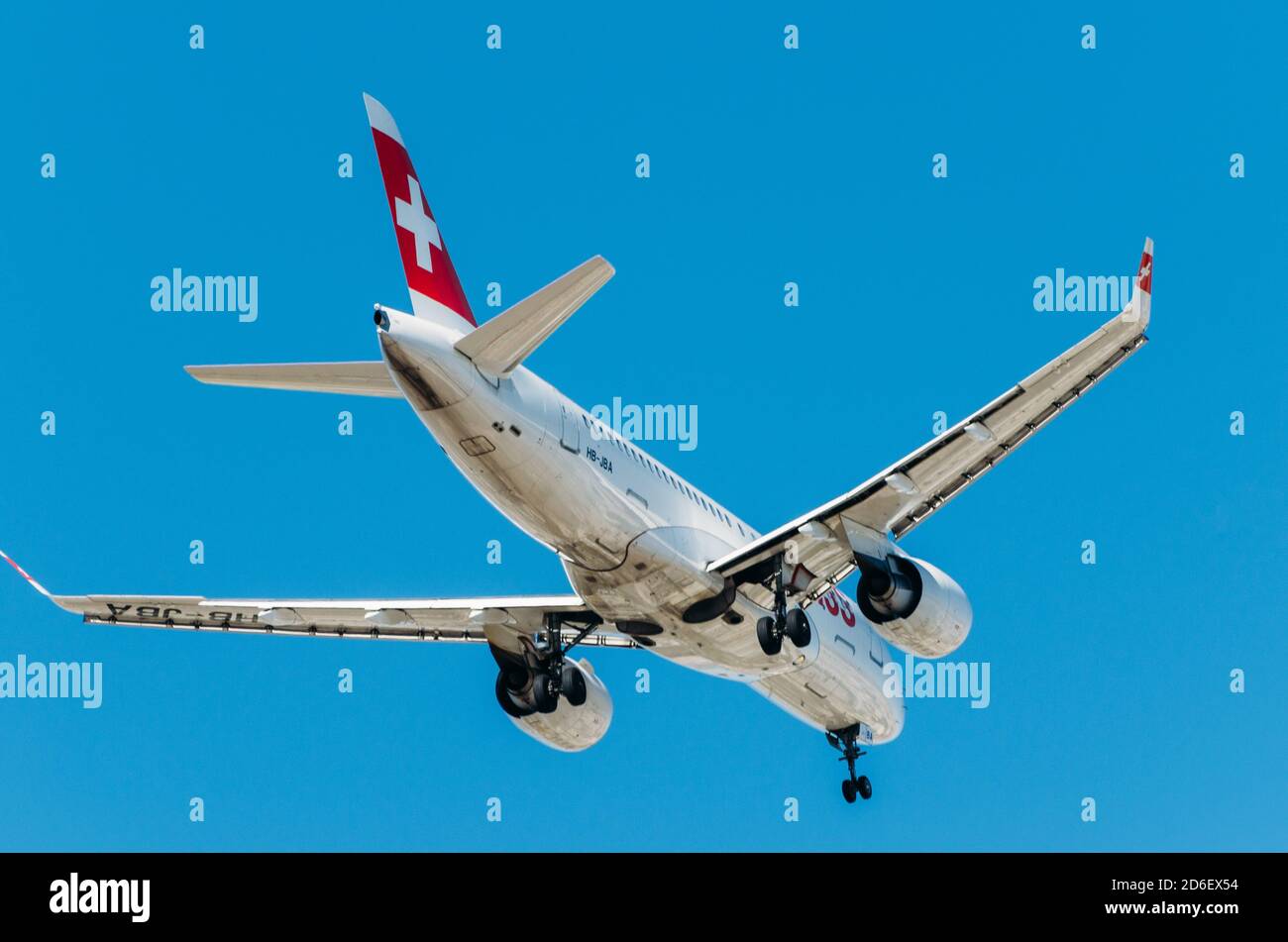 Airplane of Swiss International Air Lines AG agains blue sky Stock