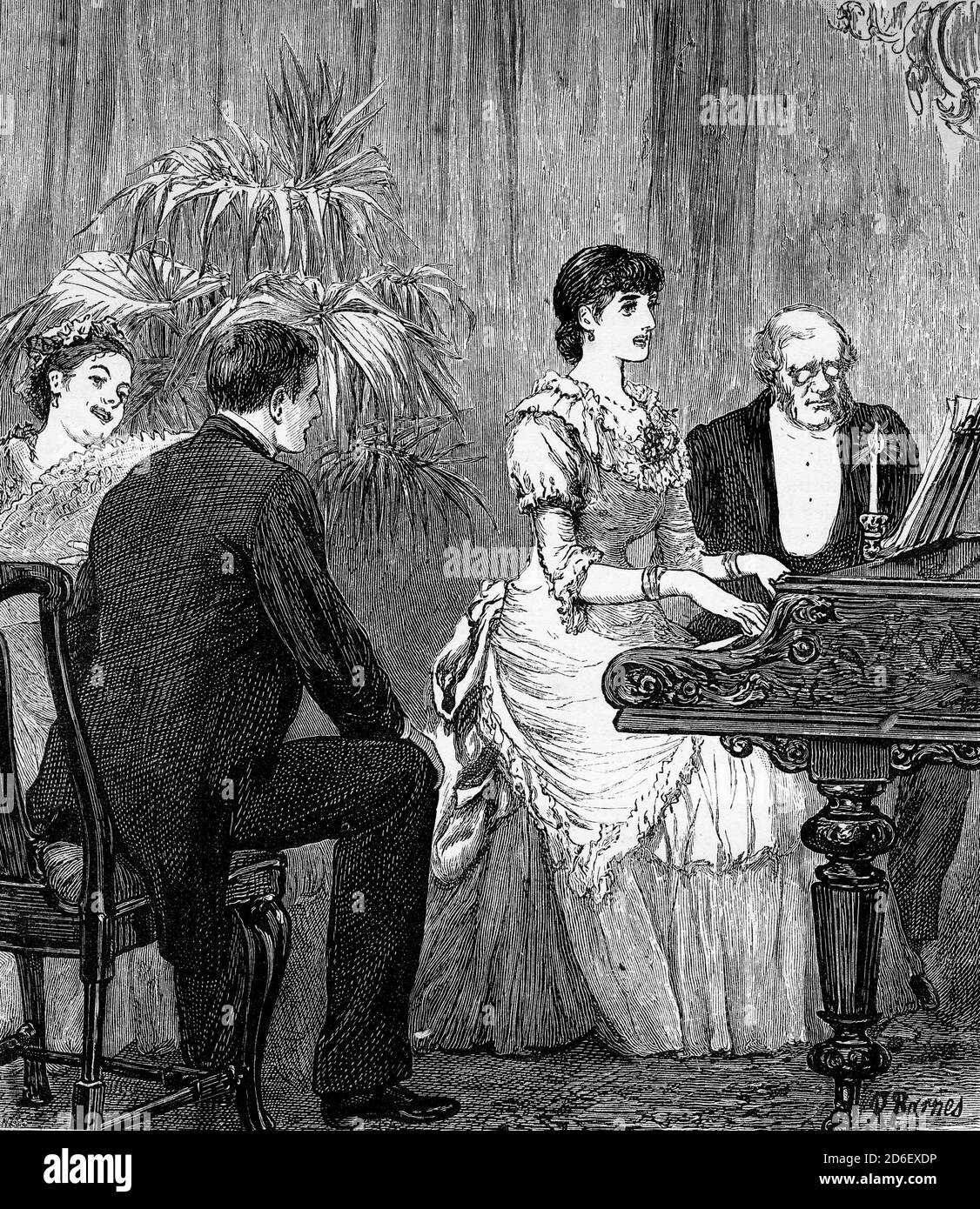 Engraving of a young Victorian woman playing the piano for her guests. Stock Photo