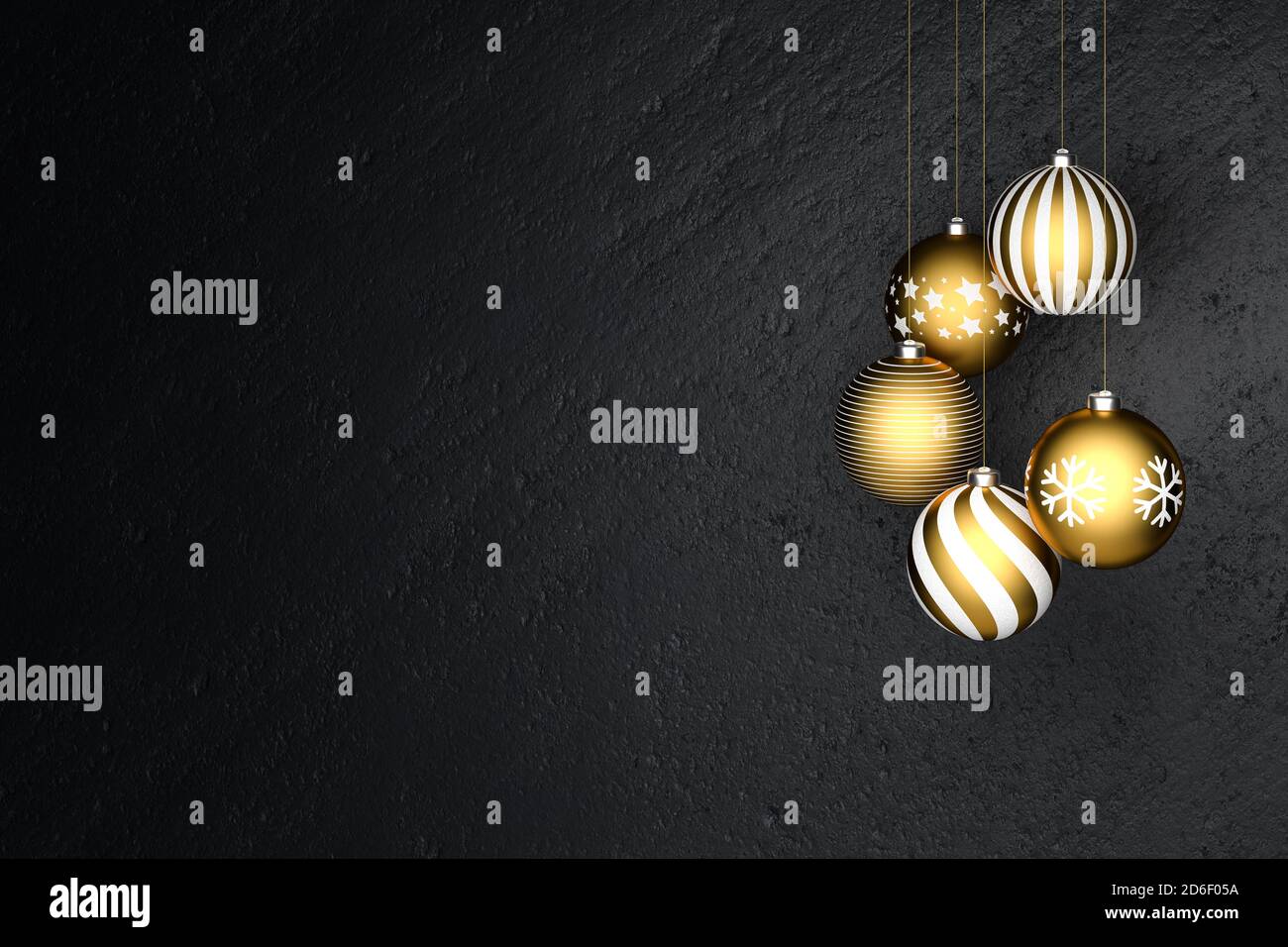 Golden and white Christmas Baubles with different designs hanging in ...