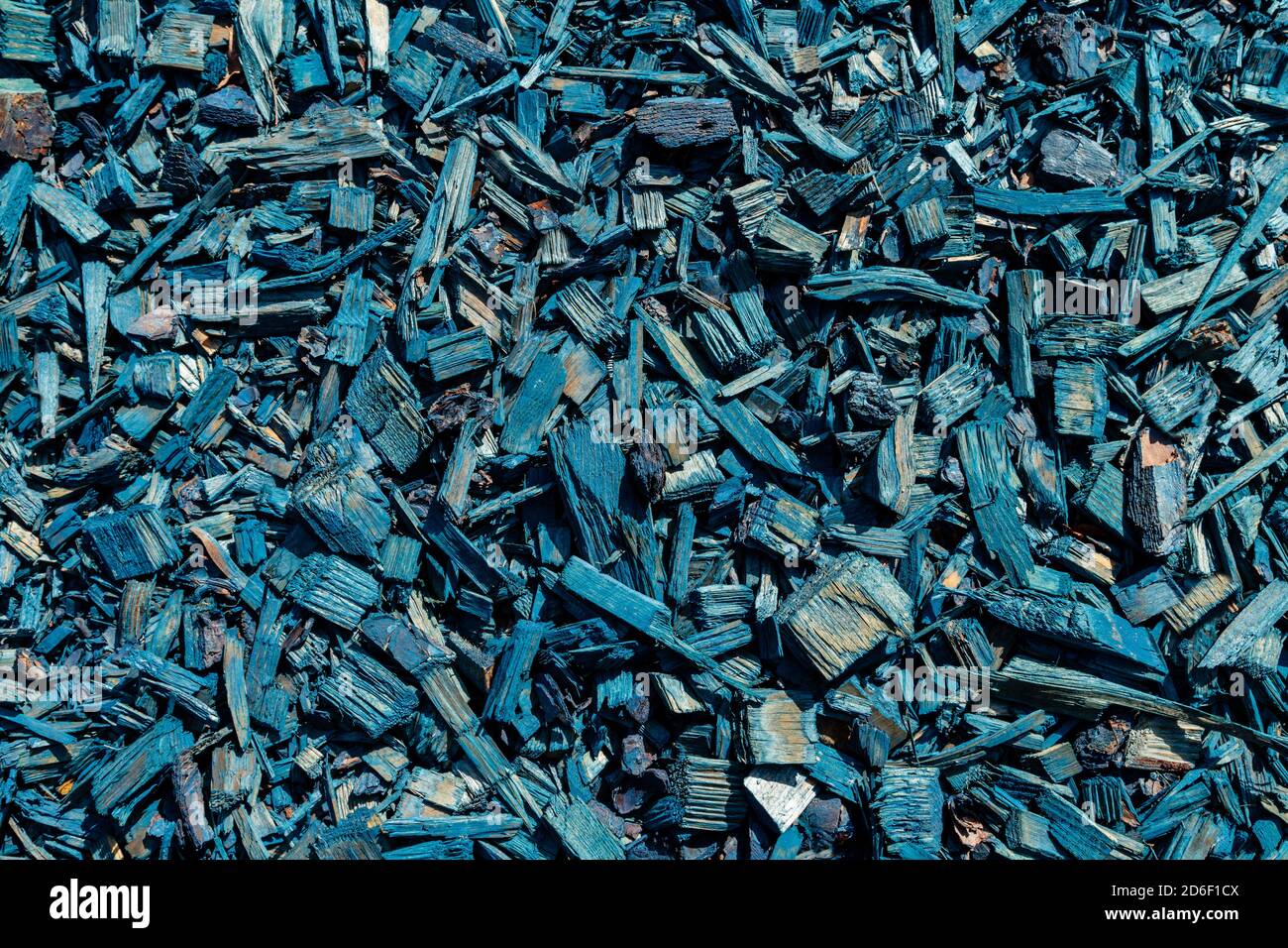 Wood mulch background. Wooden bark chip texture. Blue colored material ...