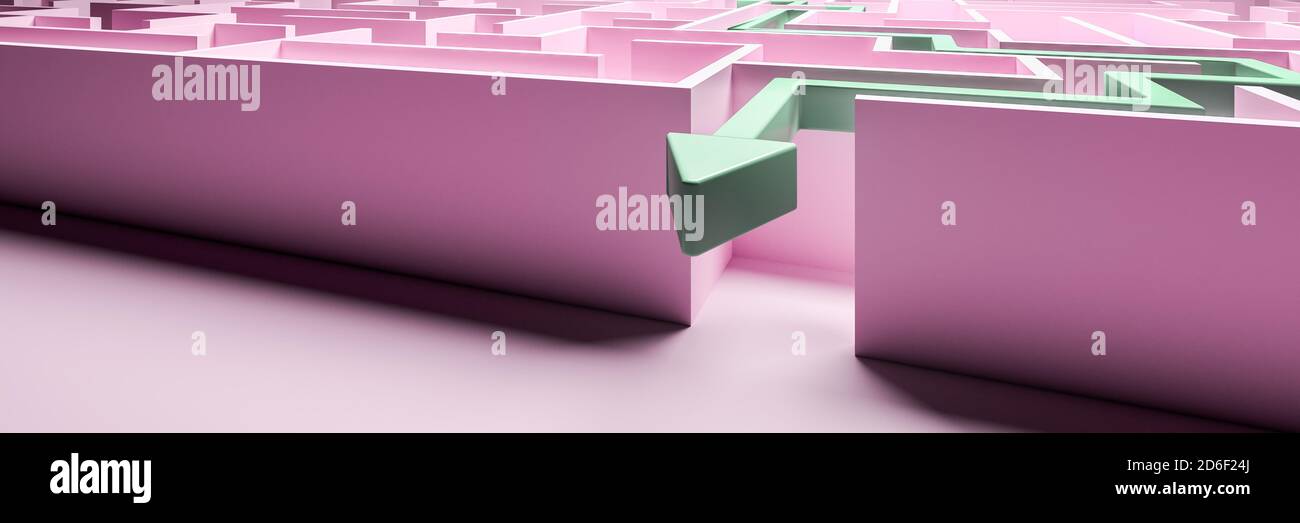 3d rendering: Concept - solving a complex problem. Pink maze and floor ...