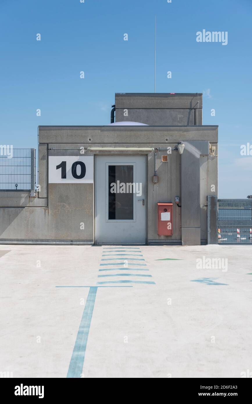 Germany, Mecklenburg-Western Pomerania, Stralsund, roof of a parking garage, exit to the elevator Stock Photo