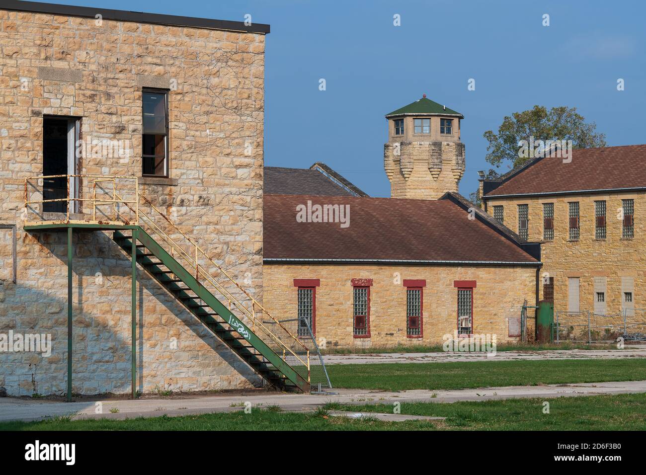 The Yard and guard tower inside the Old Joliet State Prison on 1125 Collins Street in Joliet, Illinois Stock Photo