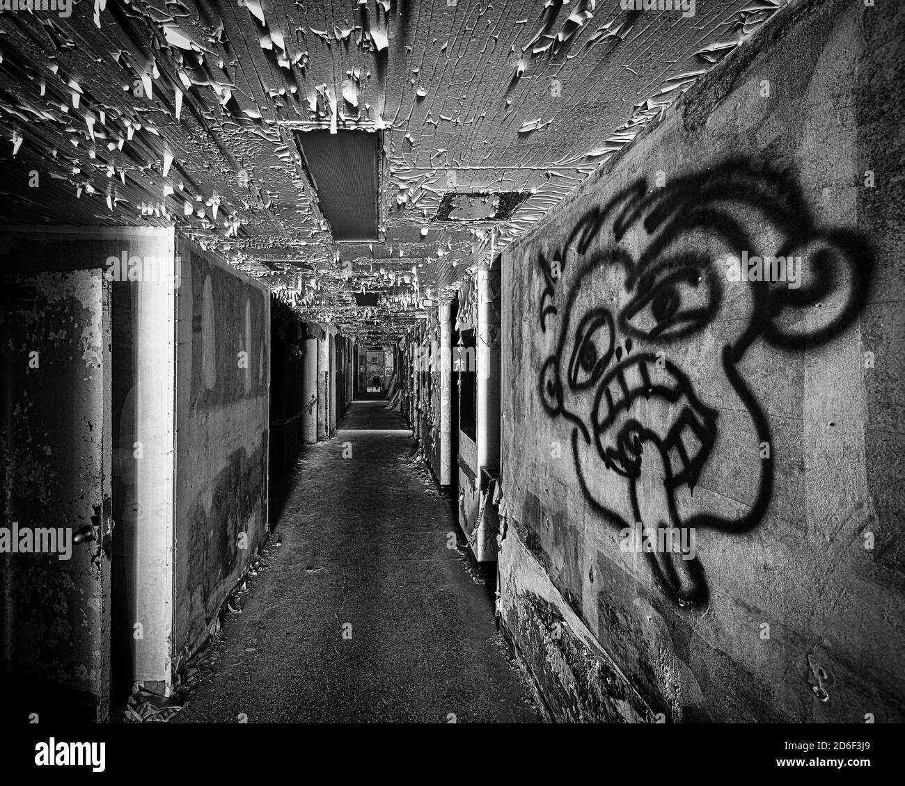 Abandoned hospital corridor of the Joliet State Prison on 1125 Collins Street in Joliet, Illinois Stock Photo