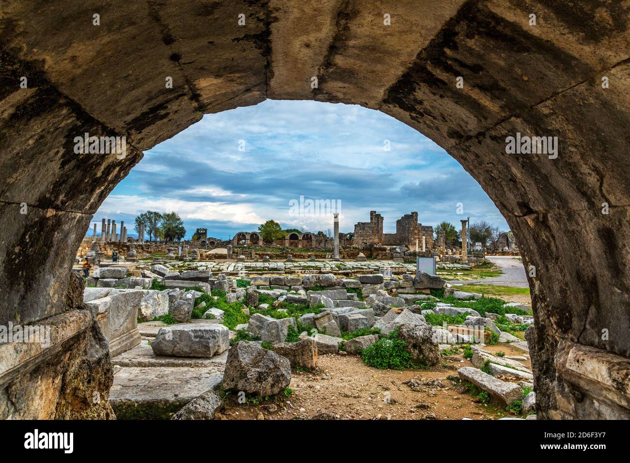 Perge is an ancient city located 18 km east of Antalya, within the borders of Aksu district, once the capital of the Pamphylia Region. Stock Photo