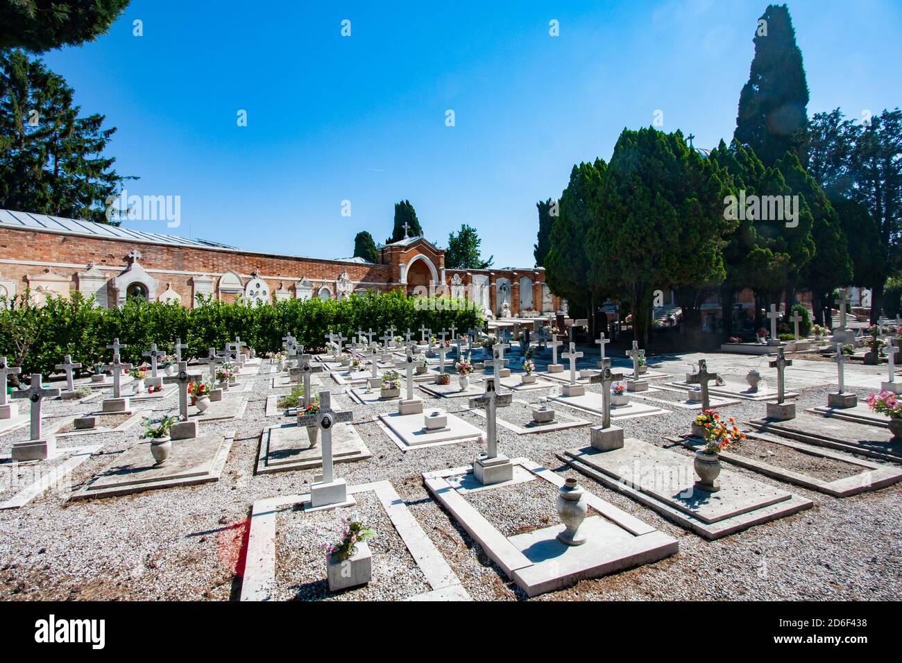 Venice, Italy- Aug, 2013: Graves in cemetery on island San Michele, Venice, Venetia,Venetian Lagoon, Italy, Europe Stock Photo