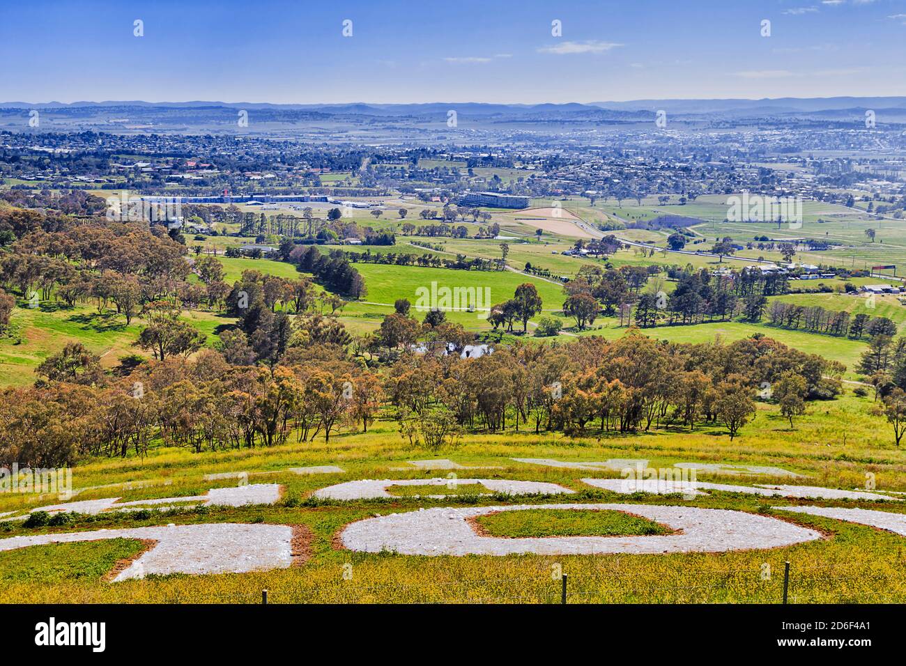 Mt Panorama lookout over Bathurst motorsport race track and circle on a sunny day viewing the Bathurst city and valley. Stock Photo