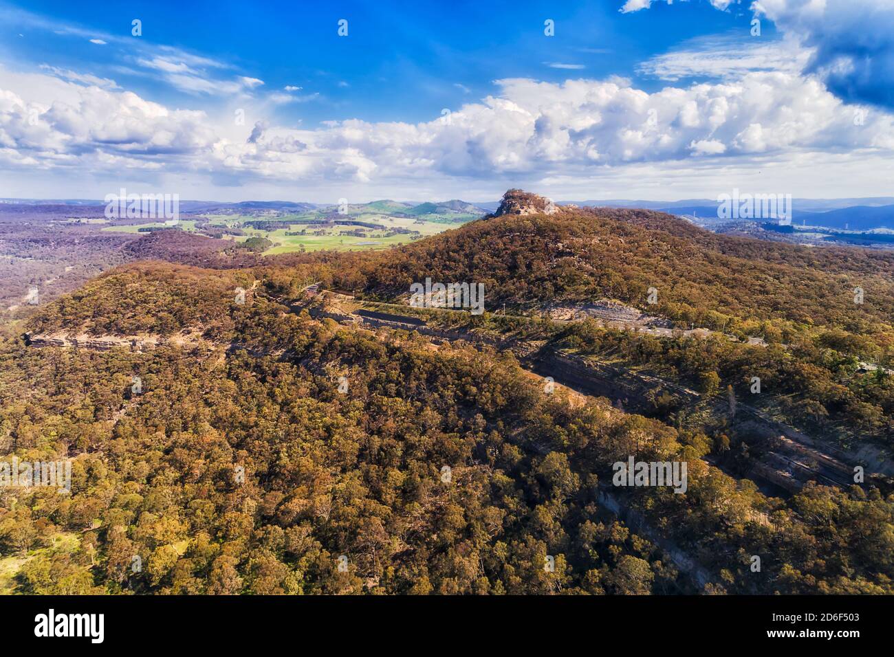 Pearsons lookout to Capertee valley on Castlereagh highway in NSW - aerial view. Stock Photo