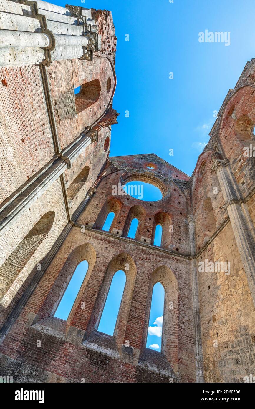 San Galgano abbey ruins, interior view, Chiusdino municipality, Siena province, Tuscany, Italy Stock Photo