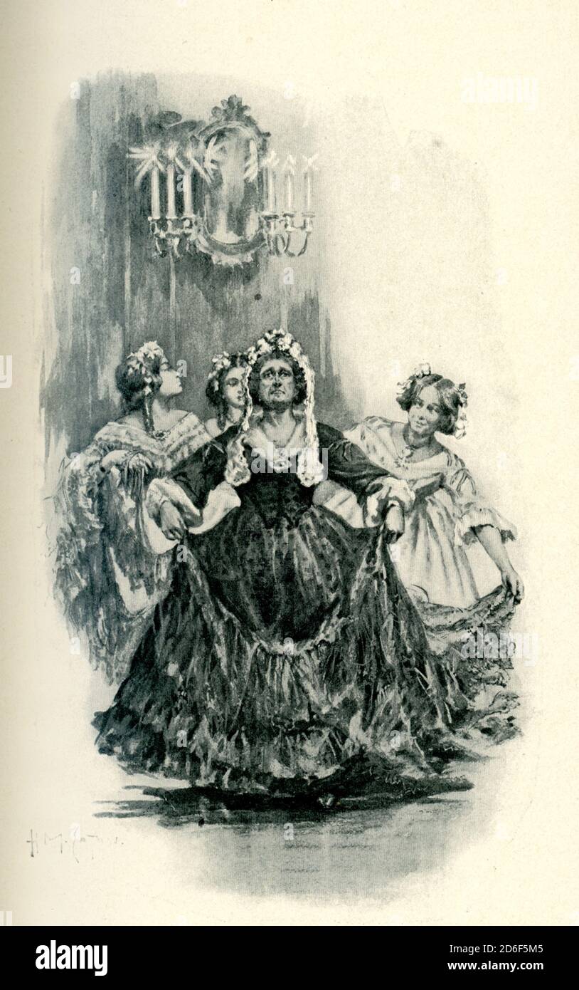 The 1906 caption for this illustration from Anthony Trollope’s Barchester Towers reads: They [signora and three daughters]  left the reception-rooms in a manner not altogether devoid of dignity. Anthony Trollope (1815 – 1882) was an English novelist and civil servant of the Victorian era. Barchester Towers, published in 1857 by Trollope, is the second novel in his series known as the 'Chronicles of Barsetshire.' Among other things it satirizes the antipathy in the Church of England between High Church and Evangelical adherents. Trollope began writing this book in 1855. Among his best-known wor Stock Photo