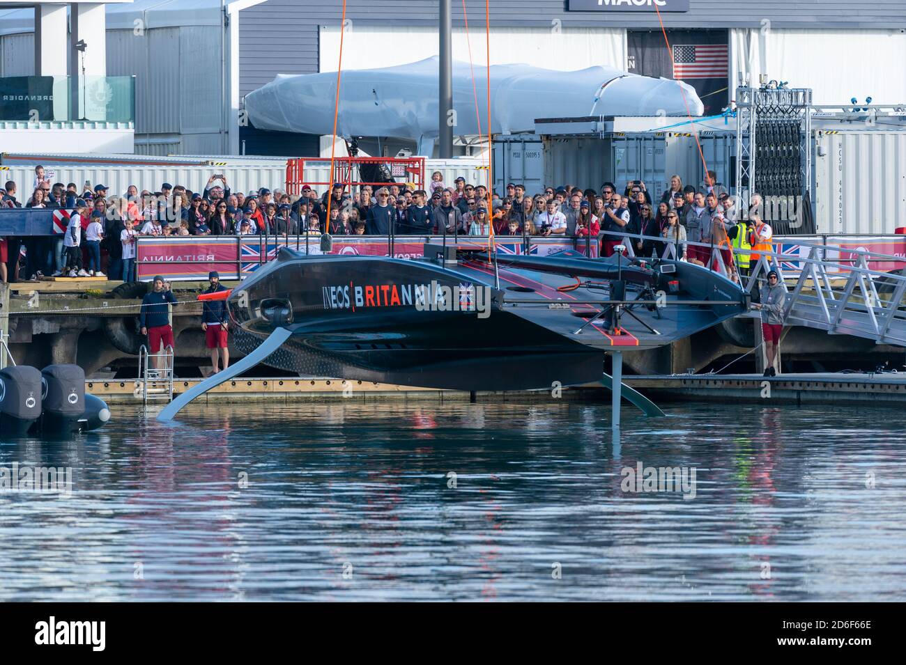 America's Cup team Ineos Team UK Christen and launch their second AC75 Britannia (Rita) at their Base in Auckland. 17/10/2020 Stock Photo