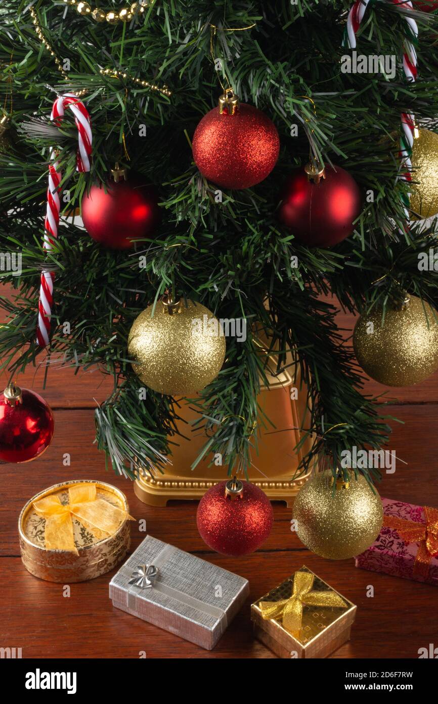 Traditional Christmas decoration. Christmas tree with decorations Stock