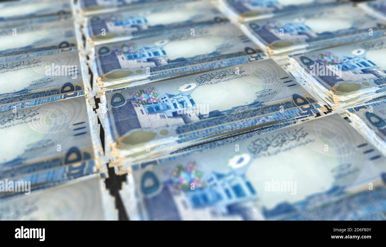 3D illustration of Bahraini dinar bills stacks background Stock Photo