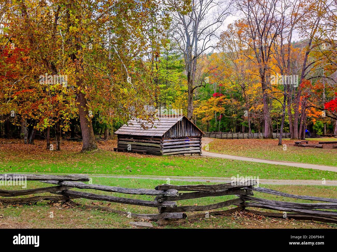 Fall foliage surrounds the blacksmith shop at the John P. Cable Mill Complex in Great Smoky Mountains National Park in Townsend, Tennessee. Stock Photo