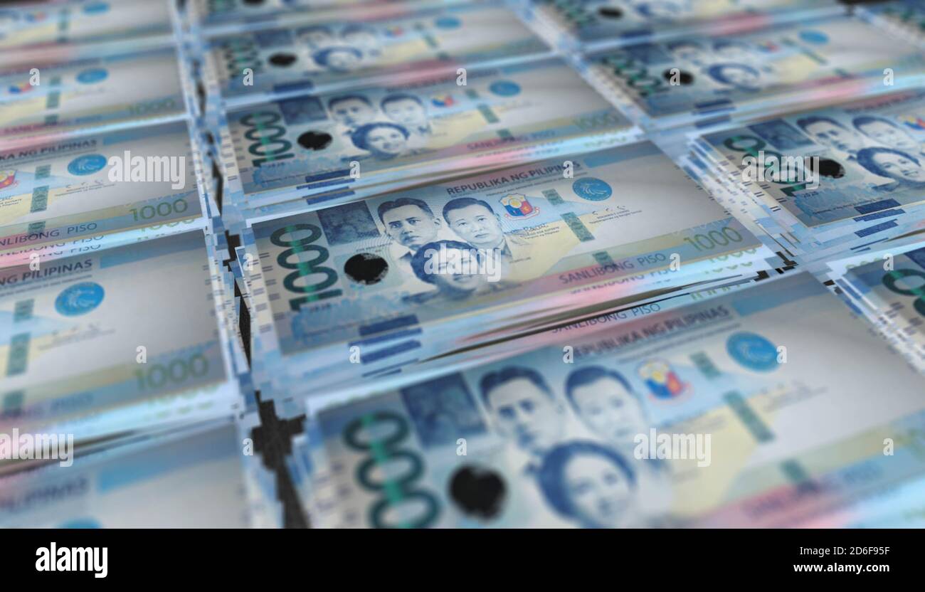 3D illustration of Philippine peso bills stacks background Stock Photo