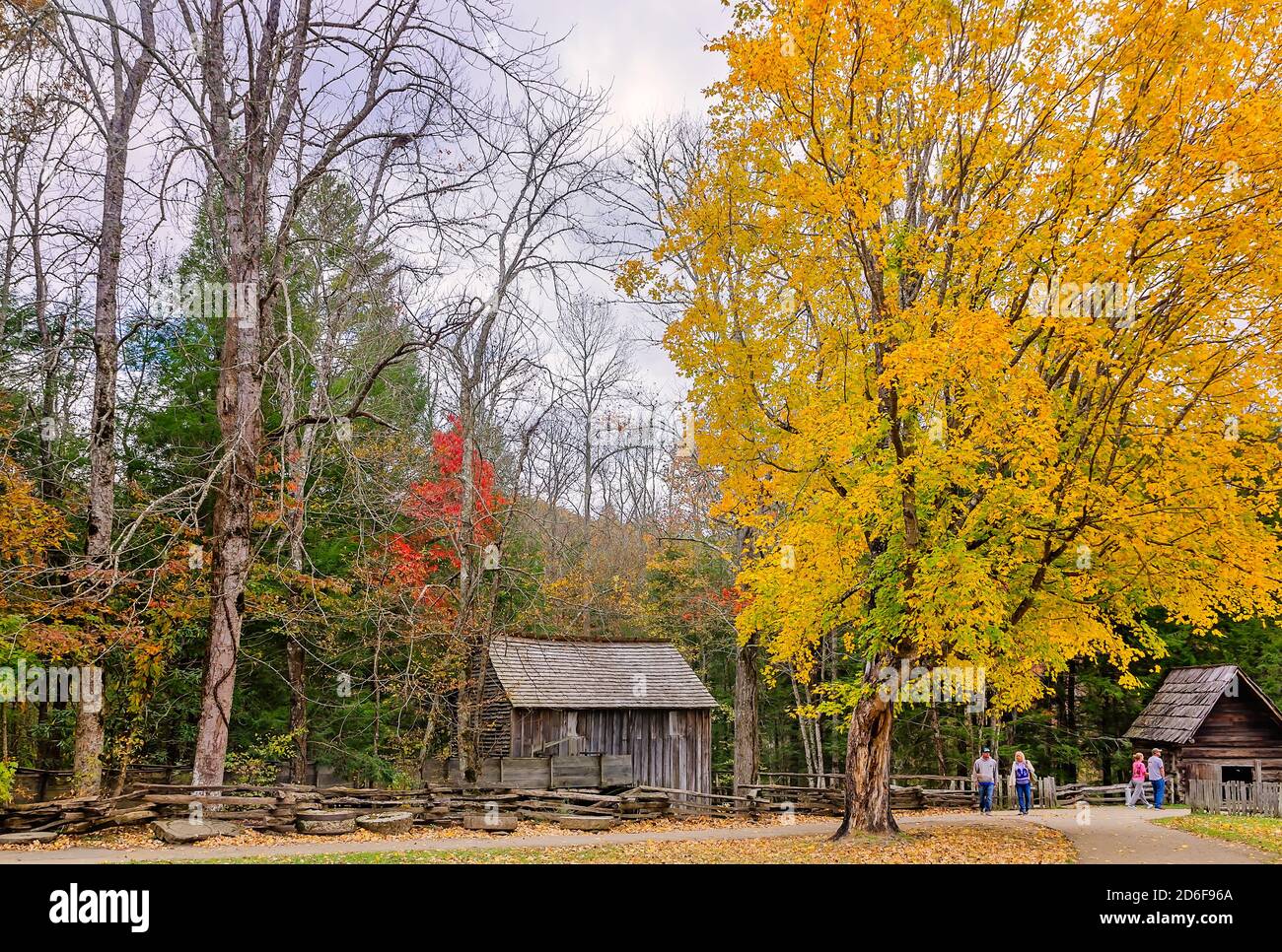 Tourists explore the John P. Cable Mill Complex in Great Smoky Mountains National Park, Nov. 2, 2017, in Townsend, Tennessee. Stock Photo