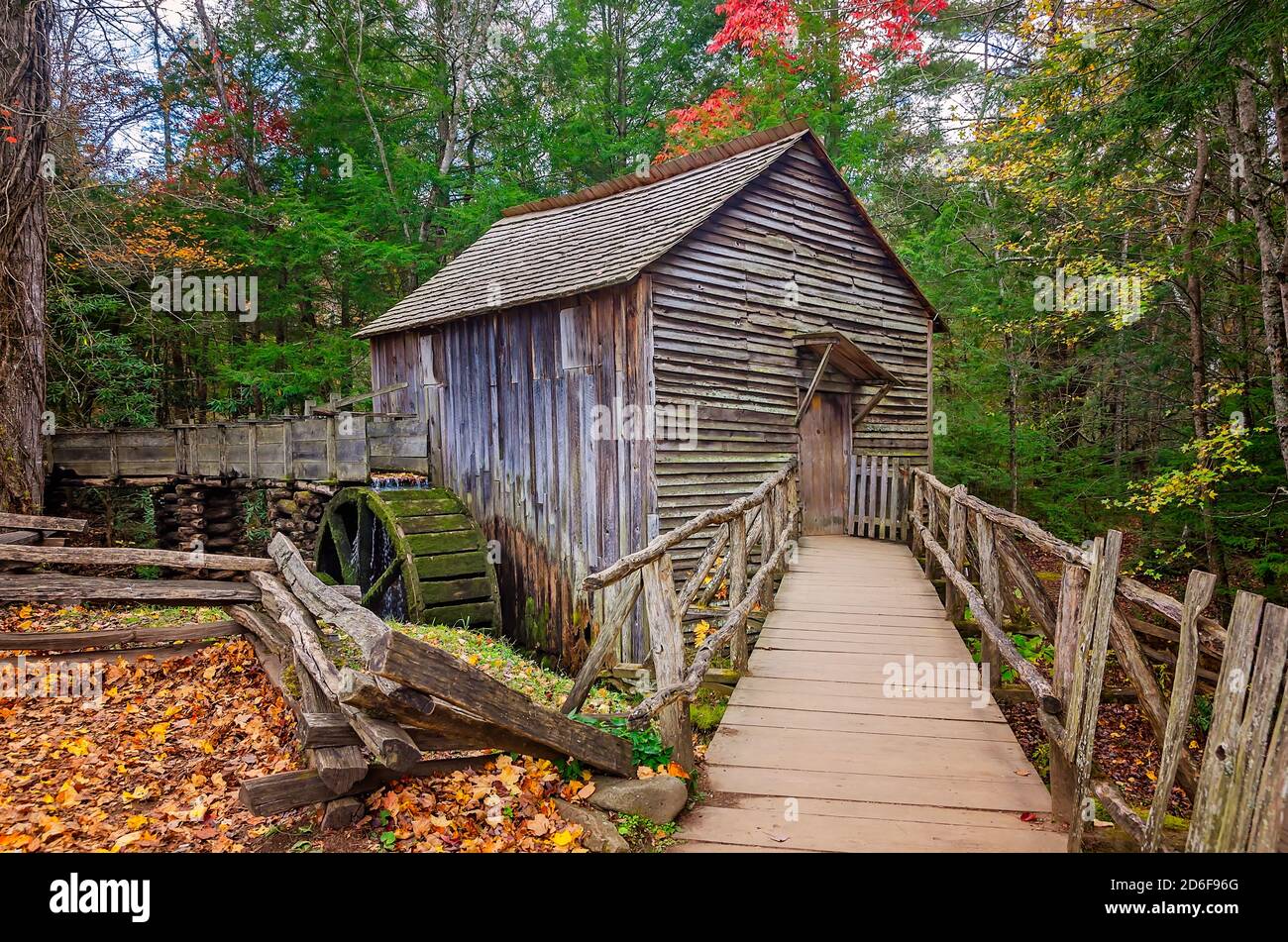 The Cable Grist Mill is pictured at the John P. Cable Mill Complex in Great Smoky Mountains National Park, Nov. 2, 2017, in Townsend, Tennessee. Stock Photo