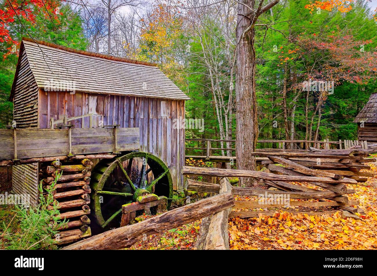 The Cable Grist Mill is pictured at the John P. Cable Mill Complex in Great Smoky Mountains National Park, Nov. 2, 2017, in Townsend, Tennessee. Stock Photo