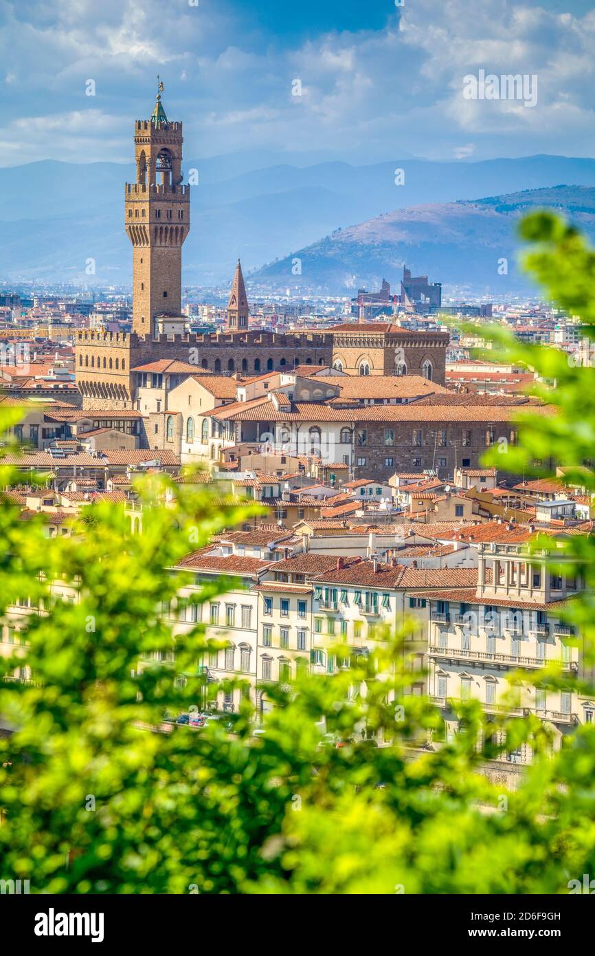 Elevated view on Florence with the Palazzo della Signoria, better known as the Palazzo Vecchio (The Old Palace), Florence, Tuscany, Italy, Europe Stock Photo