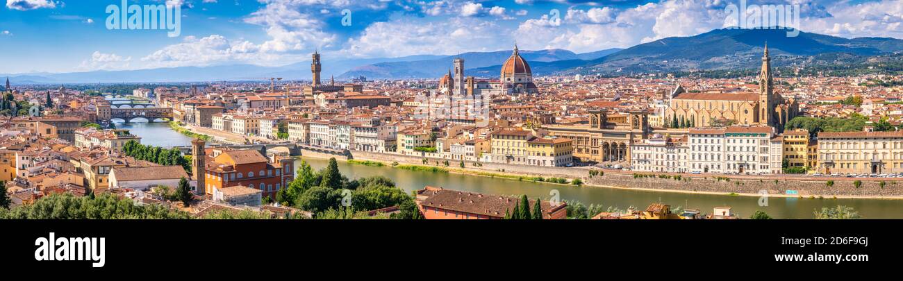 Panoramic view on Firenze historic centre with the palaces and the Arno river, Florence Tuscany, Italy, Europe Stock Photo