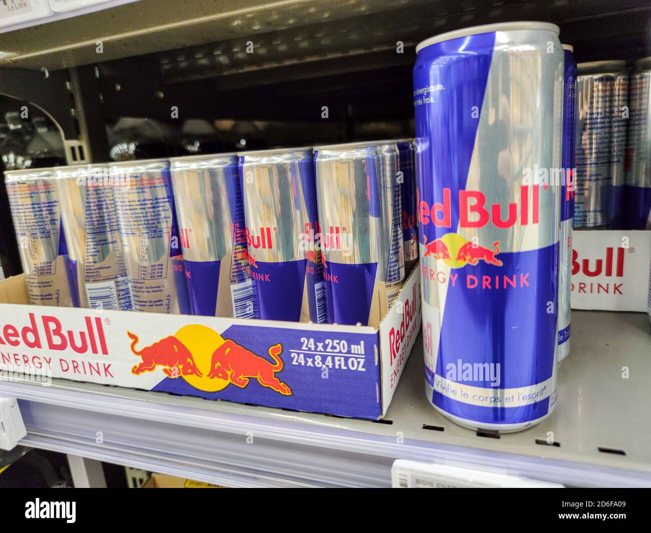 Puilboreau, France - October 14, 2020:Selected Focus on Cans of Red Bull Energy Drink display for sell in the supermarket Bull is the mos Photo - Alamy