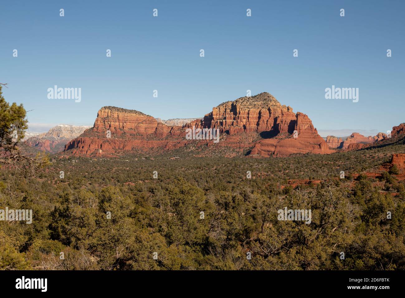 View of Twin Buttes and Chapel of the Holy Cross, Sedona Arizona Stock