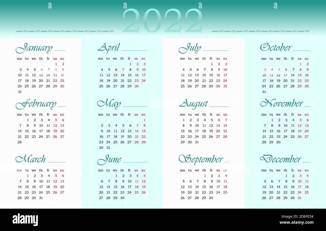 2022 Year Calendar In English 12 Months Week Starts On Monday Vector