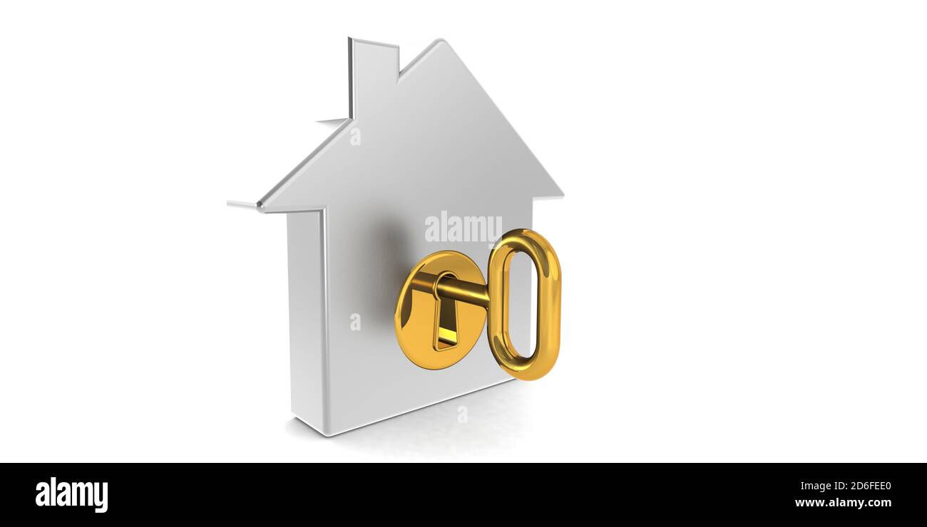 Golden key to unlock the housing, 3d rendering Stock Photo