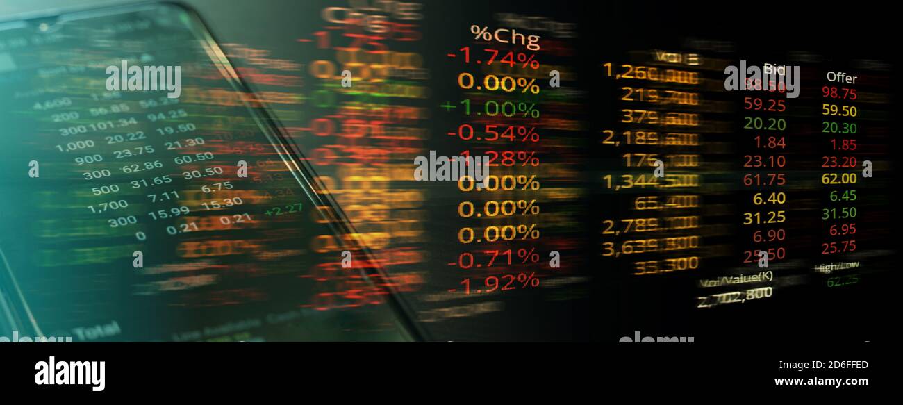 investor analyzing stock market on smart phone and financial number index trading board business banner background Stock Photo