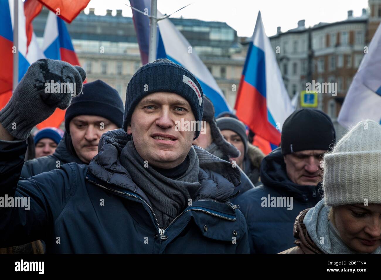 Moscow, Russia. 25th February, 2018 Russian opposition leader Alexei Navalny takes part in a march in Moscow's Strastnoi Boulevard in memory of Russian politician and opposition leader Boris Nemtsov on the eve of the 3rd anniversary of his death in Moscow Stock Photo