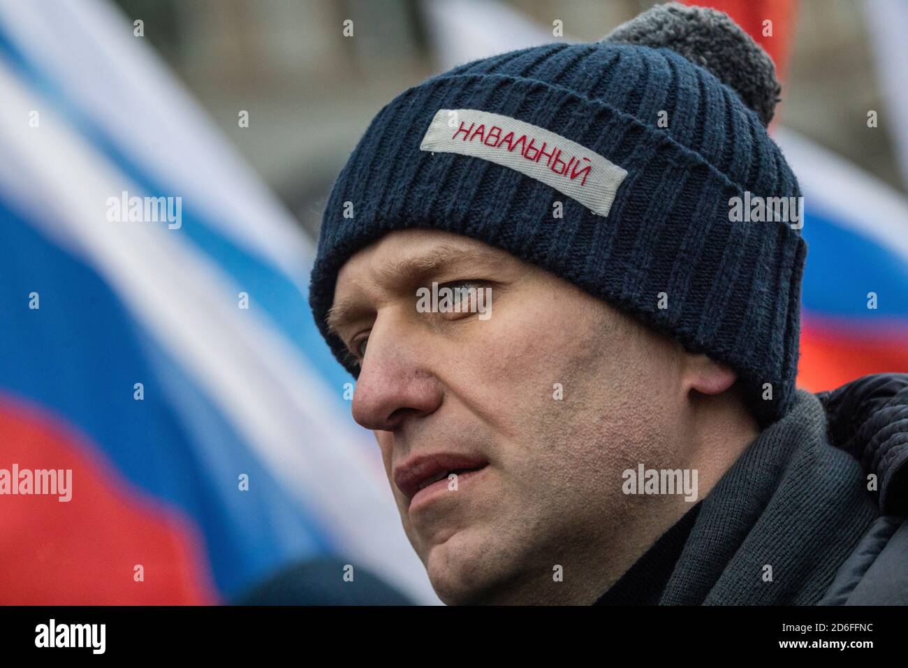 Moscow, Russia. 25th February, 2018.Russian opposition leader Alexei Navalny takes part in a march in Moscow's Strastnoi Boulevard in memory of Russian politician and opposition leader Boris Nemtsov on the eve of the 3rd anniversary of his death in Moscow. The inscription on the cap reads 'Navalny' Stock Photo