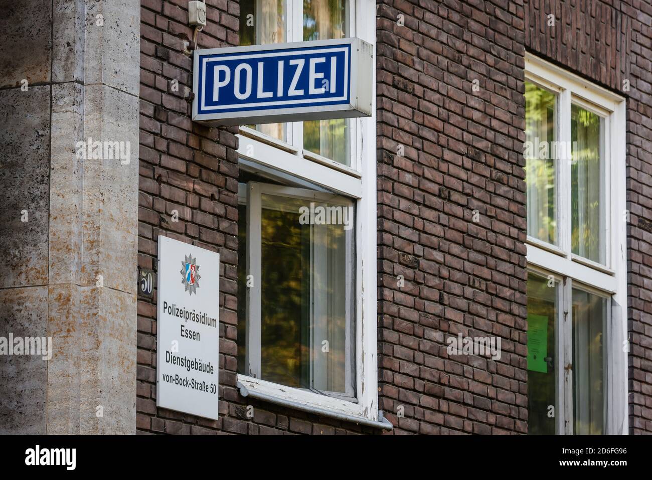 Polizeipraesidium Essen, police station Muelheim, Ruhr area, North Rhine-Westphalia, Germany, service building at von-Bock-Strasse 50, 'Police at the police station'. Stock Photo
