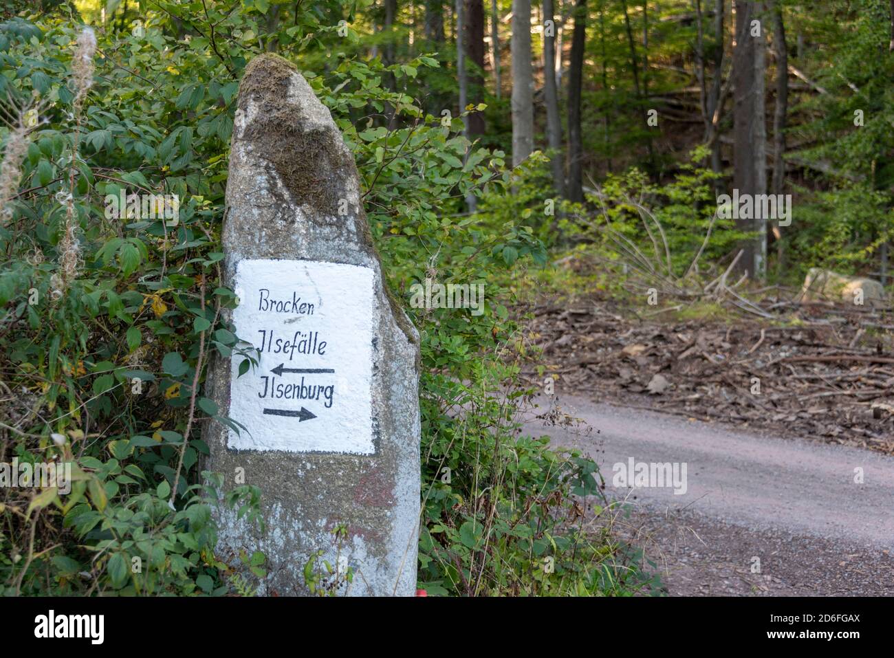Germany, Saxony-Anhalt, Ilsenburg, signpost to the Brocken and the Ilse Falls, Harz National Park Stock Photo