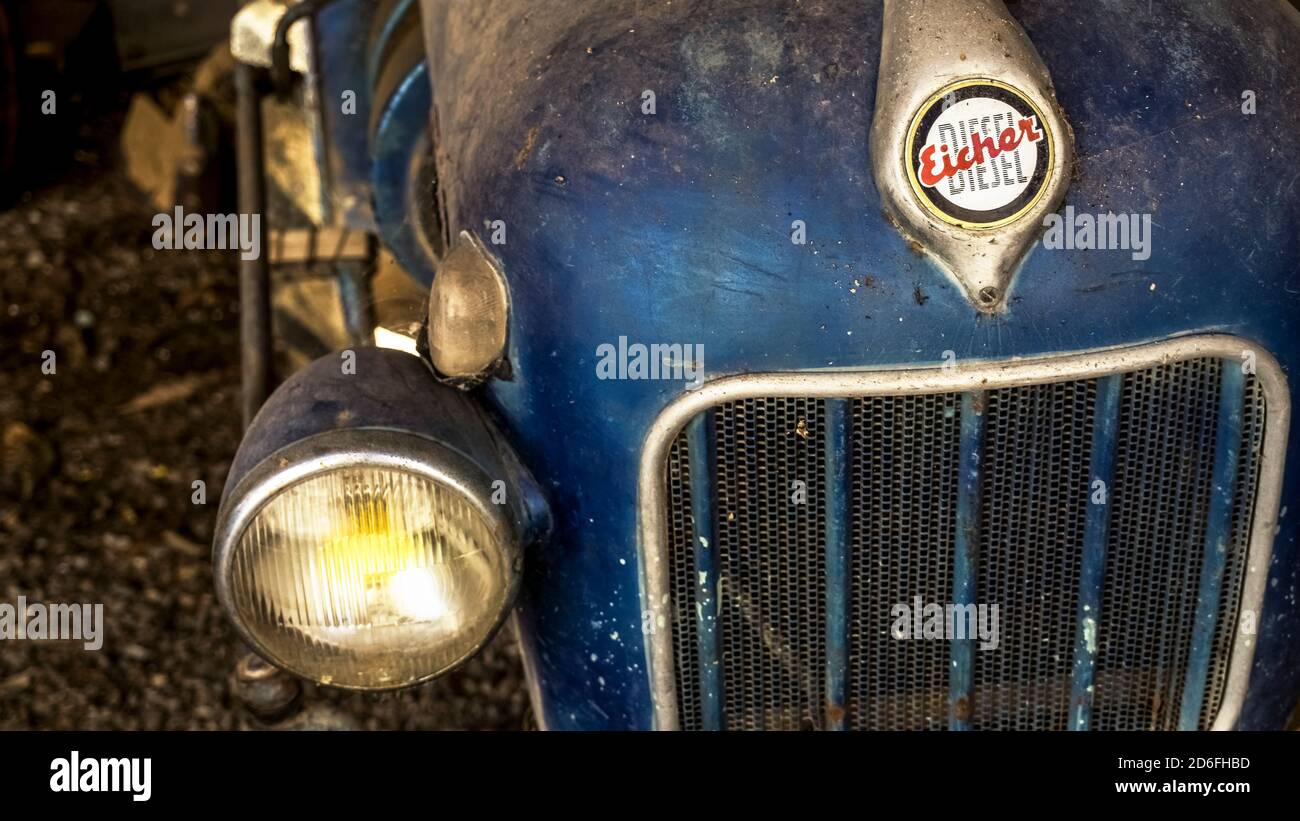 Old Eicher tractor in Assignan, detail Stock Photo