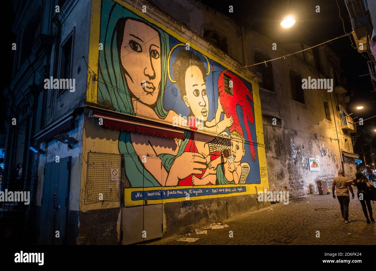 Murales, night, sanità neighborhood, naples,nativity, madonna - don't mix ghosts with angels Stock Photo